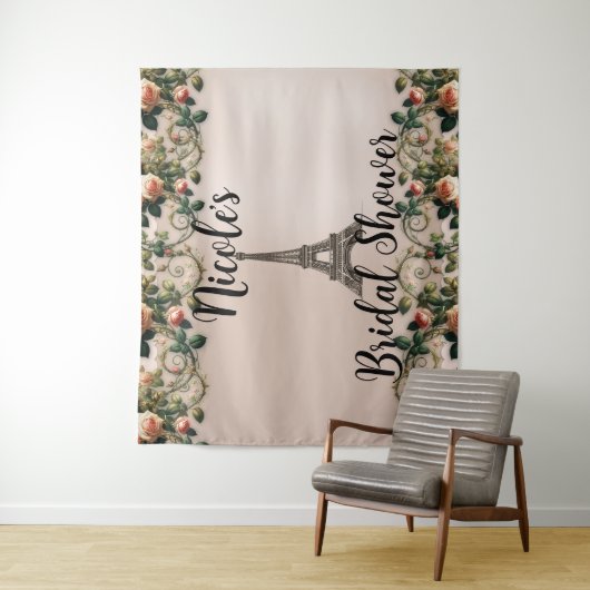 Paris Pink Rose Vines Eiffelturm Shabby Chic Wandteppich (Beispiel)