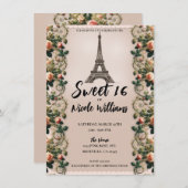 Paris Pink Rose Vines Eiffelturm Sweet 16 Einladung (Vorne/Hinten)