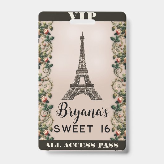 Paris Pink Rose Vines Eiffelturm VIP Pass Ausweis (Vorderseite)
