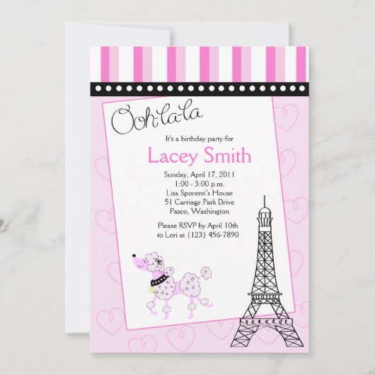 Paris Poodle 12x18 Pink zum Geburtstag Einladung (Vorderseite)