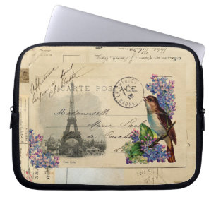 Paris Postkarte Vogel auf Flieder Laptop-Hülle Laptopschutzhülle