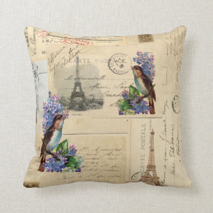 Paris Postkarte Vogel auf Fliederkissen Kissen