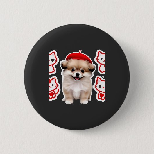 Paris Pup & Kitty Crew � Hübscher Barett Hund und Button (Vorderseite)