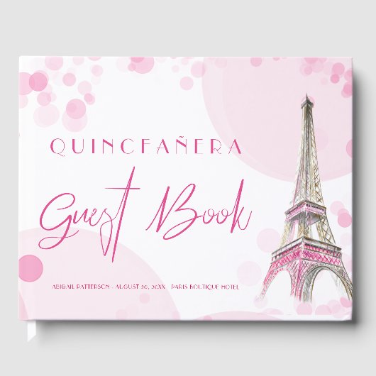 Paris Quinceanera Eiffelturm Pink Weißer Geburtsta Gästebuch (Vorderseite)