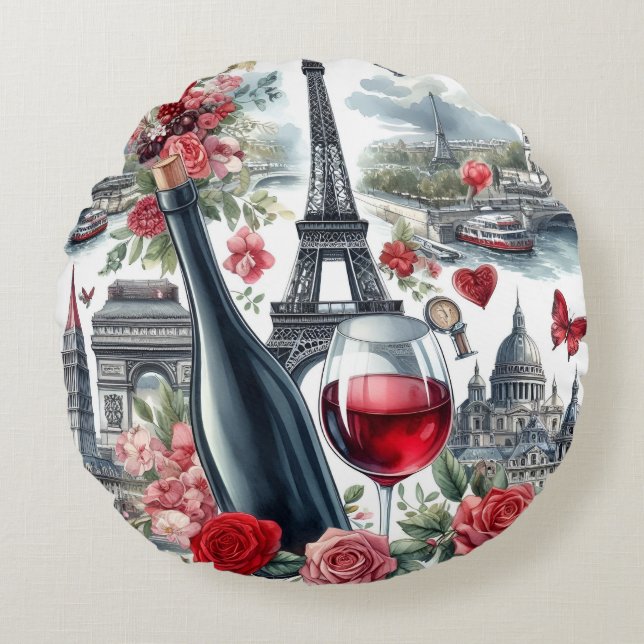 Paris Red Wine Rundes Kissen (Vorderseite)