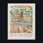 Paris Rom Neapel Vintage Poster 1905 Postkarte<br><div class="desc">Ein altes Reiseplakat aus dem frühen 20. Jahrhundert, das luxuriöse Zugreisen durch Europa mit Zielen wie Paris, Rom und Neapel fördert. Farbenfrohe Illustrationen berühmter Sehenswürdigkeiten und idyllische Szenen sind gerahmt mit dekorativen Elementen und Text, in denen die Reiserouten beschrieben werden. Veröffentlicht 1905 in Frankreich. Bitte beachten Sie, dass unsere Plakate...</div>