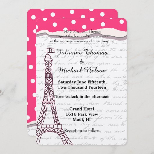 Paris Romance Wedding Einladung (Vorne/Hinten)