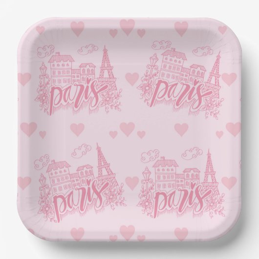 Paris Rosa Pappteller, Eiffelturm Partyteller (Vorderseite)