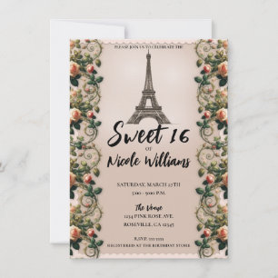 Paris Rosa Reben Eiffelturm Sweet 16 Einladung