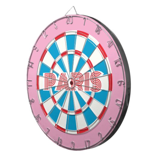 PARIS Rosa Weiß und Blauer bearbeiteter Text Retro Dartscheibe (Vorderseite rechts)