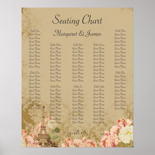 Paris Rose Vintage romantische Sitzkarte Poster (Vorne)