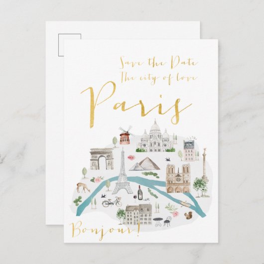 Paris Save the Date Ankündigungspostkarte (Vorne/Hinten)