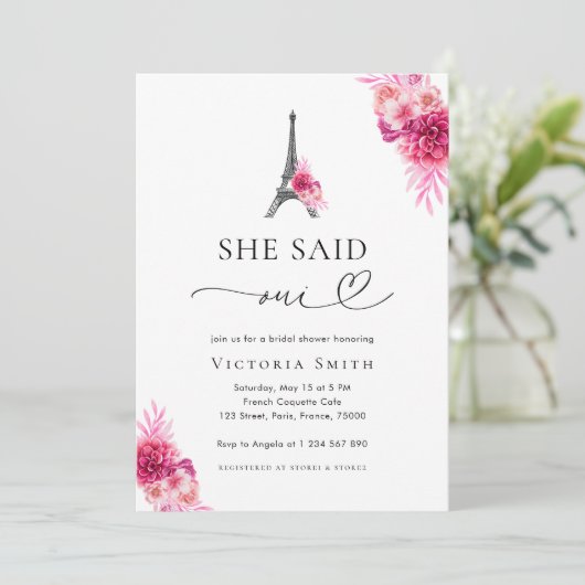 Paris Sie sagte Oui Eiffel Tower Brautparty Einladung (Stehend Vorderseite)