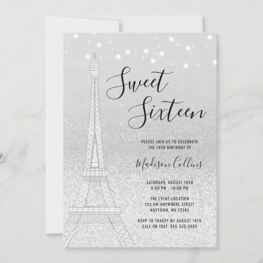 Paris Silver Glitzer Lights Sweet 16 Einladung (Vorderseite)