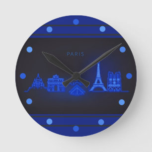 Paris Skline Neon Blue Look Stadtmauer Runde Wanduhr