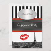 Paris Skyline BW Stripe Red Kiss PV Verlobung Einladung (Vorderseite)
