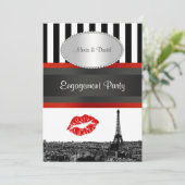 Paris Skyline BW Stripe Red Kiss PV Verlobung Einladung (Stehend Vorderseite)