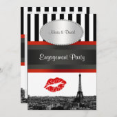 Paris Skyline BW Stripe Red Kiss PV Verlobung Einladung (Vorne/Hinten)