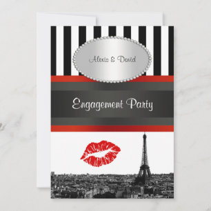 Paris Skyline BW Stripe Red Kiss PV Verlobung Einladung