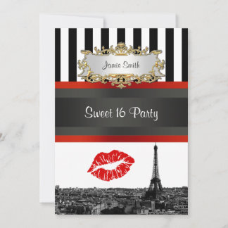 Paris Skyline BW Stripe Red Kiss Sweet 16 Party Einladung