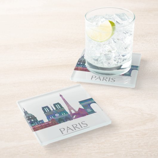 Paris Skyline Colored Gebäude Glasuntersetzer (Schrägansicht)