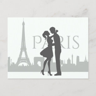 Paris Skyline Eiffel Tower Couple Liebe Grau, Weiß Postkarte