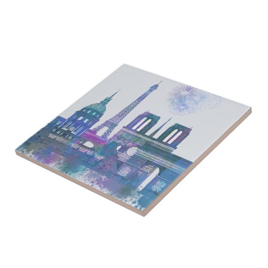 Paris Skyline - Watercolor Blue Fliese (Seite)