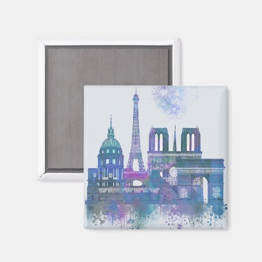 Paris Skyline - Watercolor Blue Magnet (Vorderseite/Rückseite)