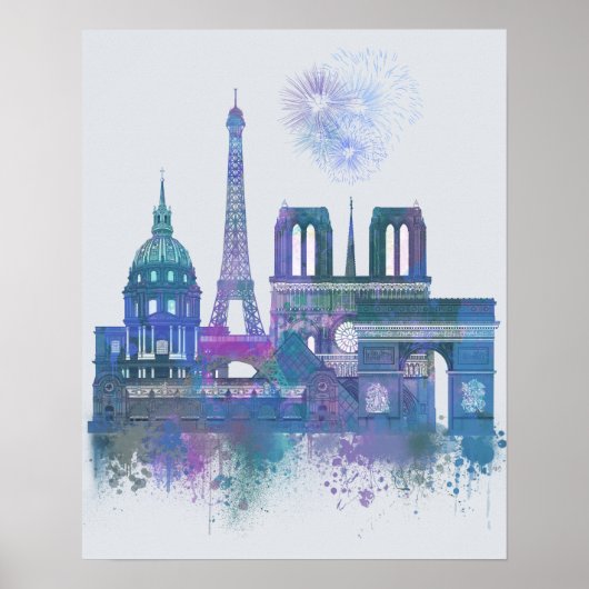 Paris Skyline - Watercolor Blue Poster (Vorne)