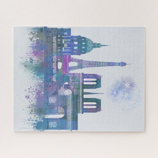 Paris Skyline - Watercolor Blue Puzzle (Horizontal)