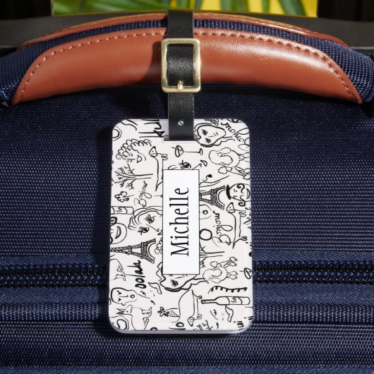 Paris Street Scene Black & White Line Zeichnend Gepäckanhänger (Vorderseite Insitu 2)