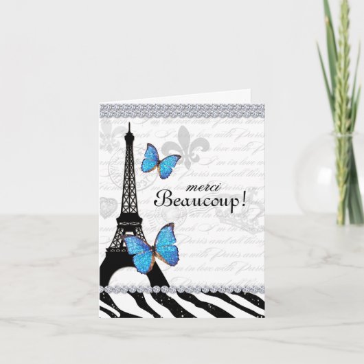 Paris Thank You Card Eiffel Tower Butterfly Zebra Dankeskarte (Vorderseite)