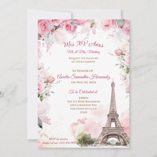 Paris Thema Pink Quinceañera Einladung Floral (Vorderseite)