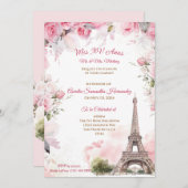 Paris Thema Pink Quinceañera Einladung Floral (Vorne/Hinten)