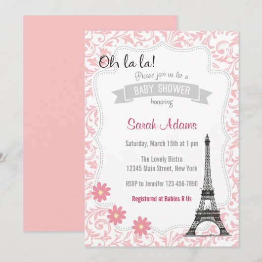 Paris Theme Babydusche Einladung (Vorne/Hinten)