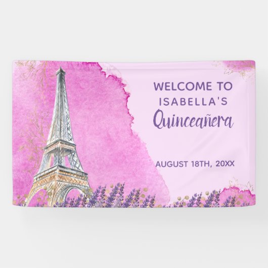 Paris Theme Eiffel Tower Pink Quinceanera Willkomm Banner (Horizontal)