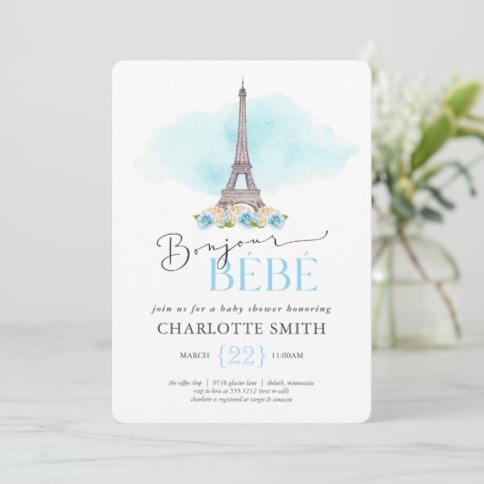 Paris Themed Bonjour Bébé Baby Shower Einladung (Stehend Vorderseite)