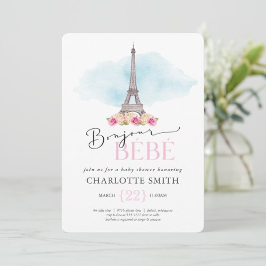 Paris Themed Bonjour Bébé Babydusche Einladung (Stehend Vorderseite)