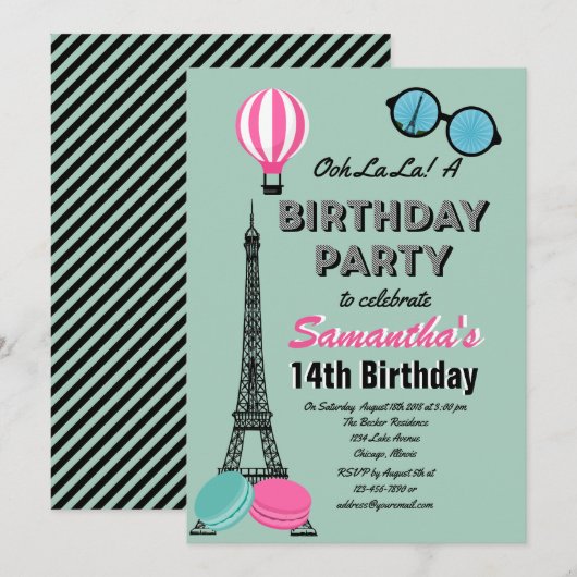 Paris Themed Happy Birthday Invitation Card Einladung (Vorne/Hinten)