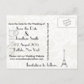 Paris Themed White Wedding Save the Date Add Foto Ankündigungspostkarte (Rückseite)