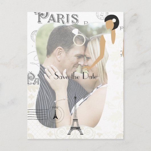 Paris Themed White Wedding Save the Date Add Foto Ankündigungspostkarte (Vorderseite)
