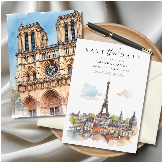 Paris Watercolor Skyline Save the Date Einladung