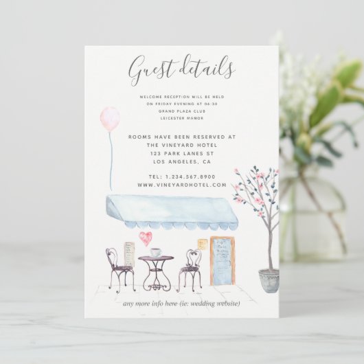 Paris Wedding Guest Details Aquarellfarben Einladung (Stehend Vorderseite)