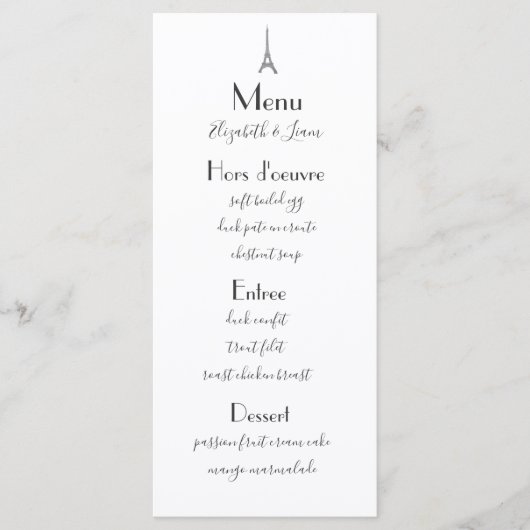 Paris Wedding Menu Menükarte (Vorderseite)