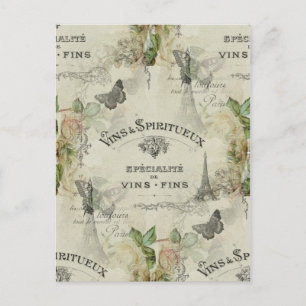 Paris-Wein und Rosen-Postkarte im Vintage-Stil Postkarte