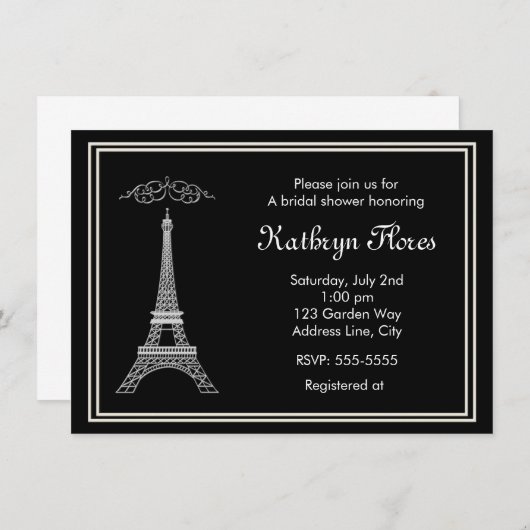 Paris White Eiffel Tower: Schwarz-Französisch-Einl Einladung (Vorne/Hinten)