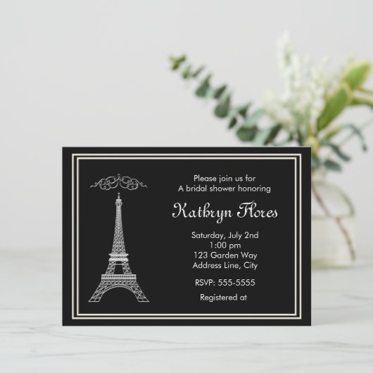 Paris White Eiffel Tower: Schwarz-Französisch-Einl Einladung (Stehend Vorderseite)