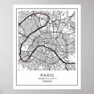Paris White Map - Karte Mauer Art Deco Poster