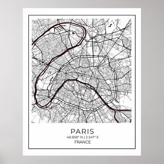 Paris White Map - Karte Mauer Art Deco Poster (Vorne)