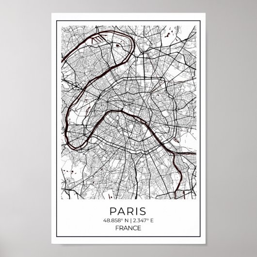Paris White Map - Schwarz-Weiß-Karte Wohngestaltun Poster (Vorne)